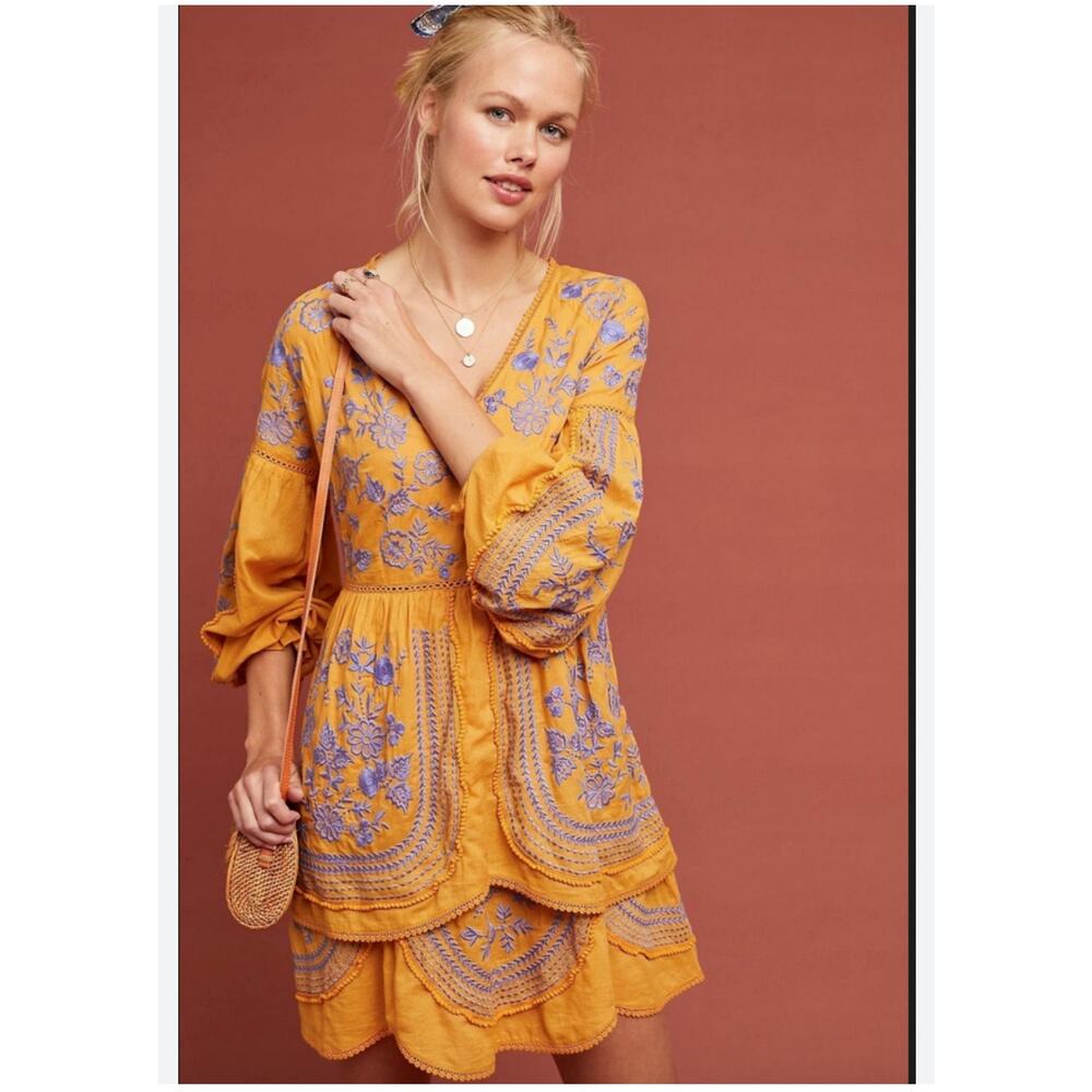 Meadow Rue Anthropologie Gold Embroidered Lisette Dress